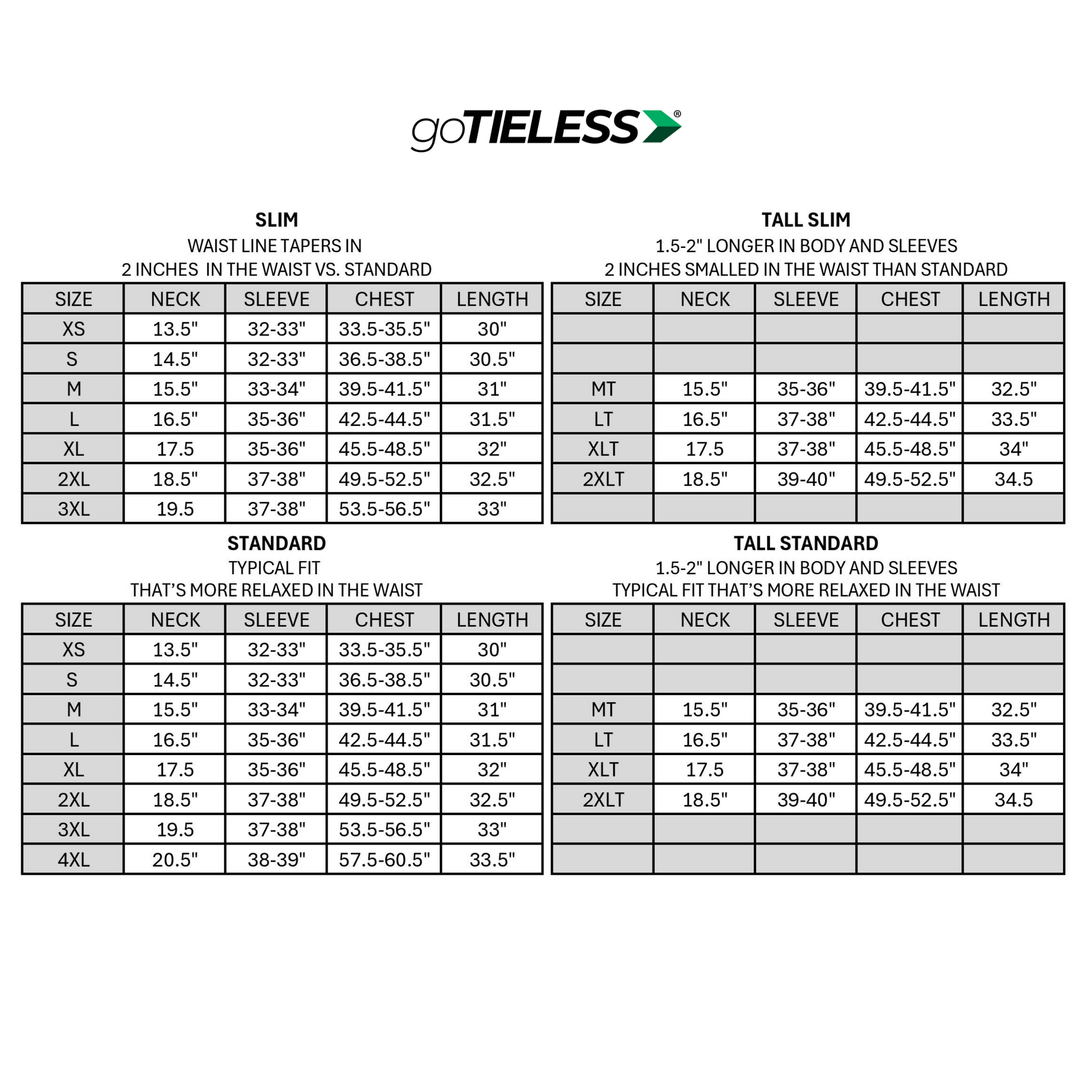 Size chart for goTIELESS shirts with various measurements and specifications.