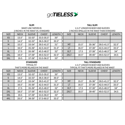 Size chart for goTIELESS shirts with various measurements and specifications.