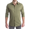 Comparison of goTIELESS structured army green shirt versus a traditional floppy collar shirt.