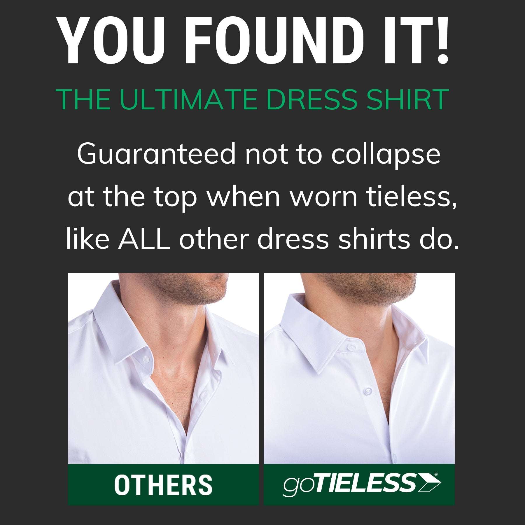 Before and after comparison of a traditional floppy dress shirt collar versus goTIELESS shirt with built-in Million Dollar Collar support.