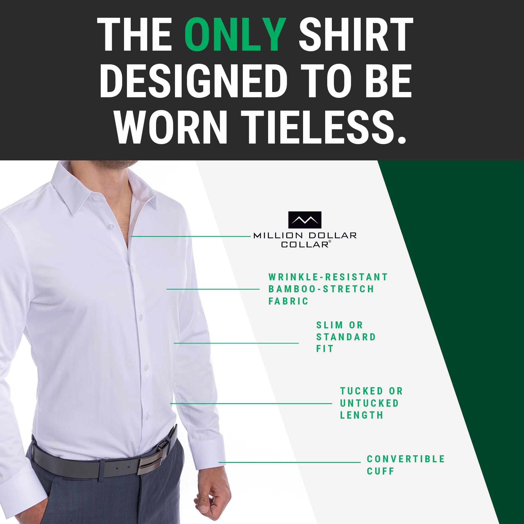 Feature breakdown of goTIELESS dress shirt includes wrinkle-resistant fabric, reinforced placket, open collar design, and convertible cuffs.