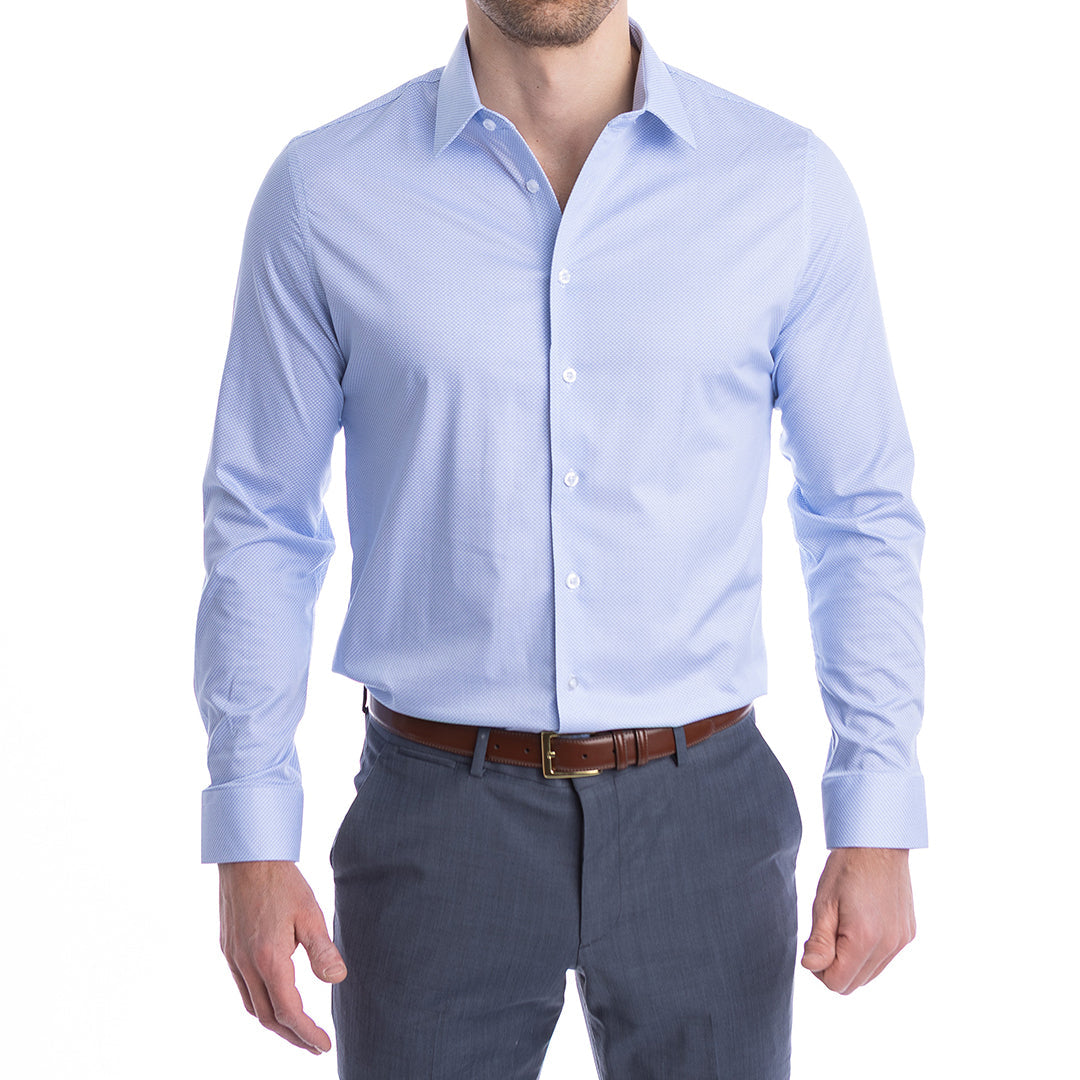 Structured blue collar shirt with reinforced placket that stays crisp all day without starch or ironing.