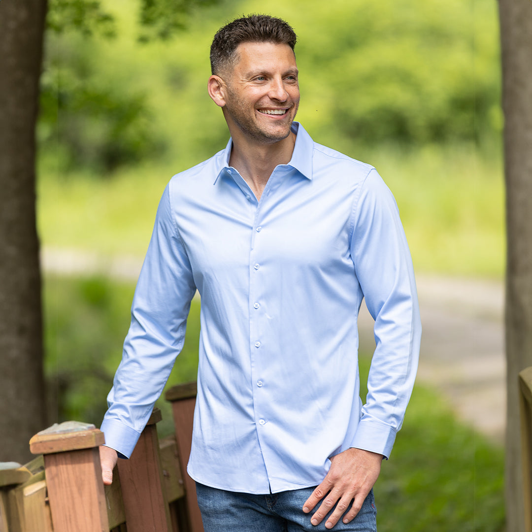 Business casual light blue dress shirt that looks clean without starch soft, breathable, wrinkle-resistant.