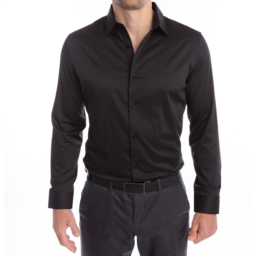 Slim fit black dress shirt for men worn open with structured placket support for tie-free confidence.