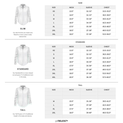 Fit guide for men's dress shirts showing modern, tall, slim, and standard cuts helps find the best fit based on body type and collar preferences.