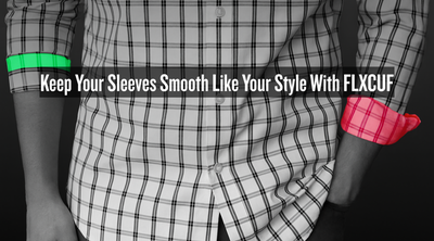 Men’s business casual shirt showing side-by-side sleeve roll styles, left with FLXCUF® for a clean, tailored look, right without for a loose, sloppy roll