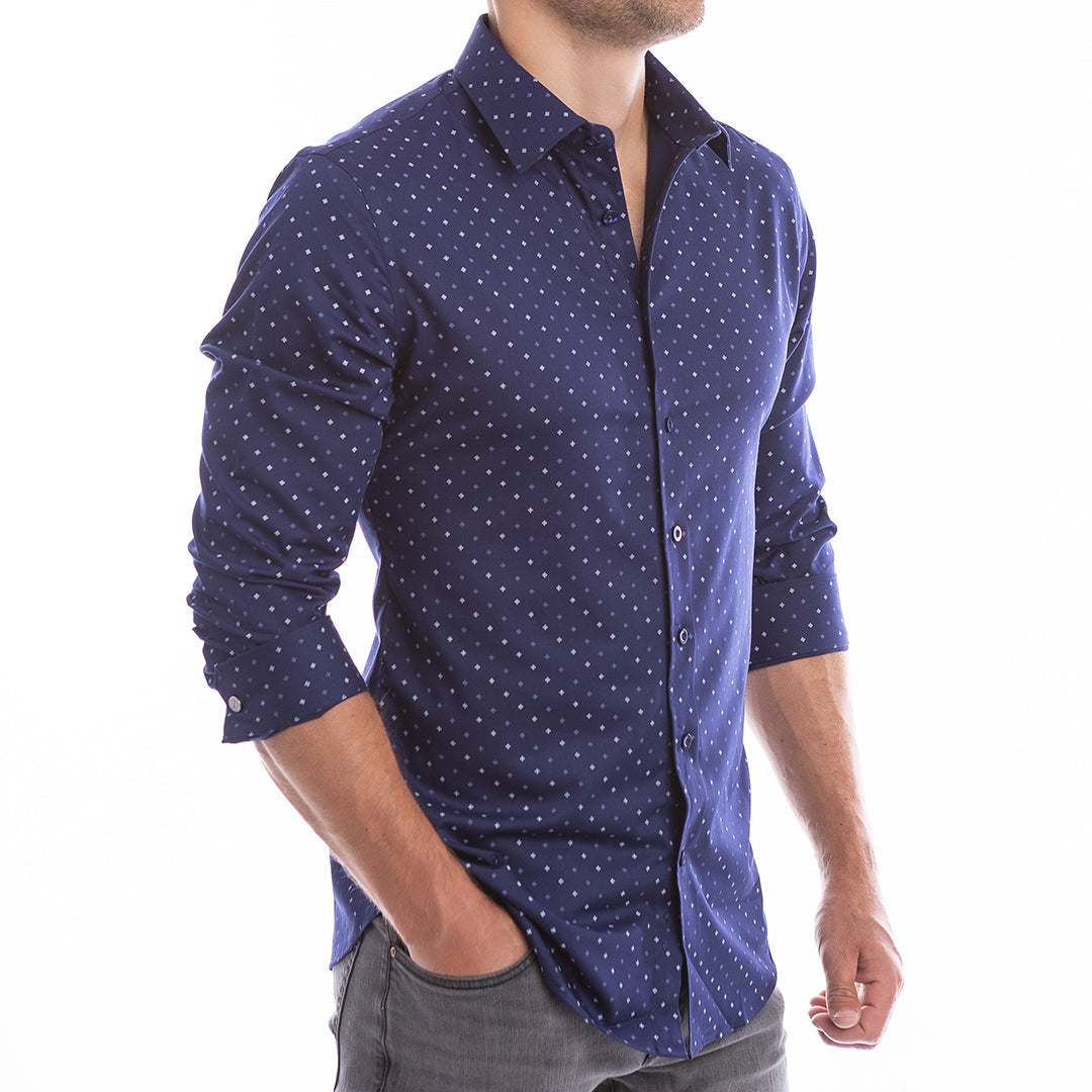 blue dress shirt with white dots Navy dress shirt with white dots