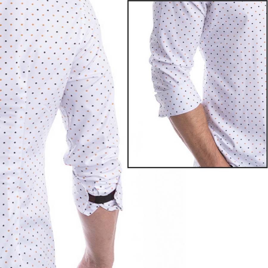 Man wearing a dress shirt with Flex Cuffs FLXCUF® sleeve band keeping rolled sleeves in place, preventing slipping.