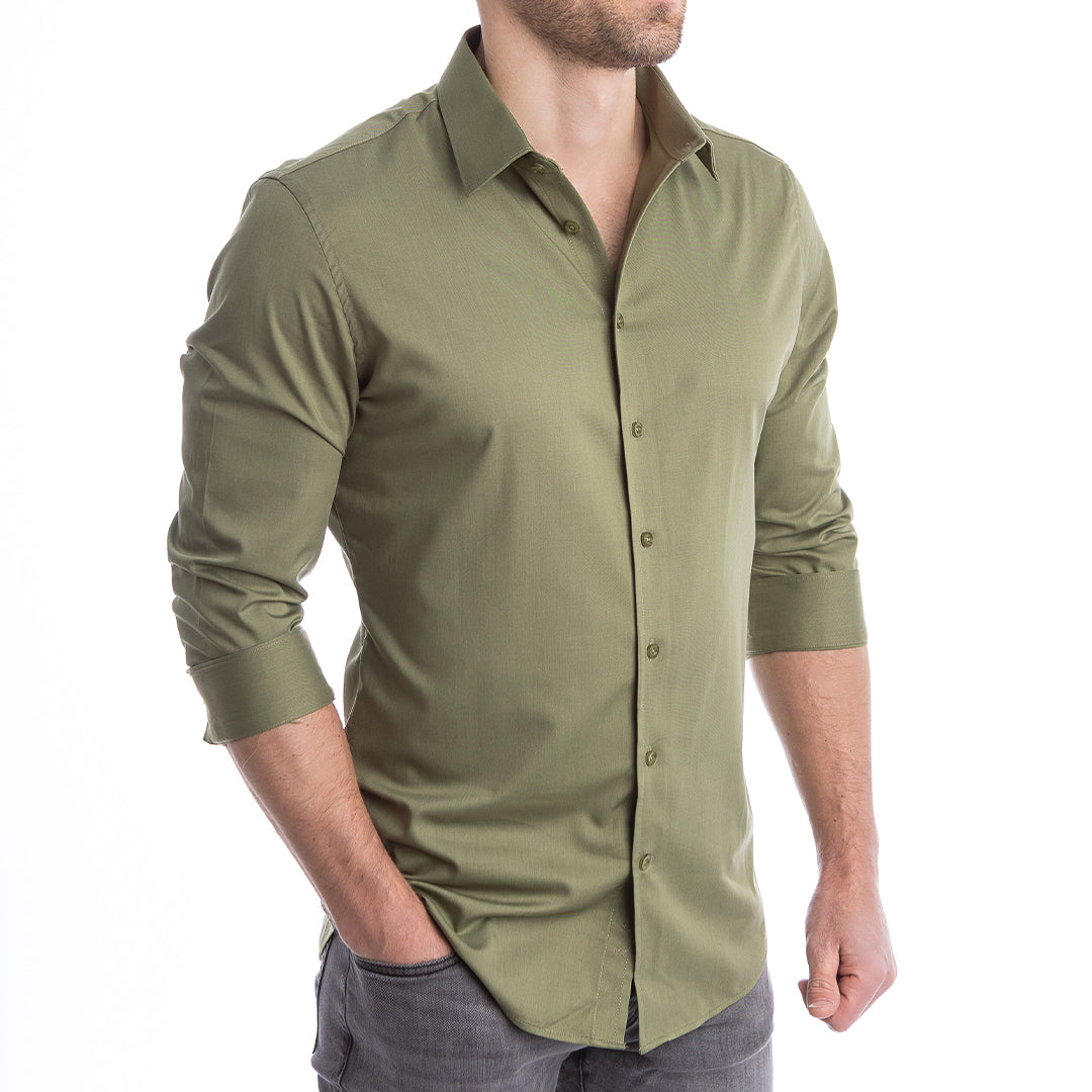 Modern fit green dress shirt for men collar stays up with built-in placket support.