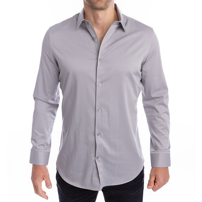 Business casual grey dress shirt for men no tie needed, collar won’t fold or sag.