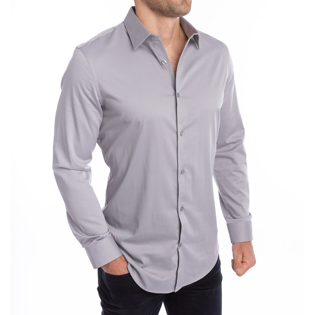 Grey wrinkle-resistant dress shirt with built-in collar support for a clean, crisp look all day.