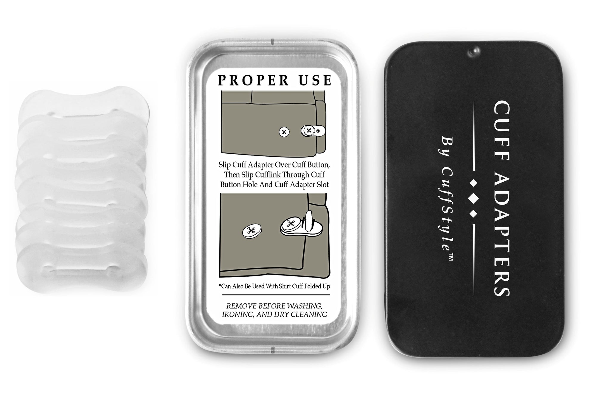 Step-by-step visual showing how to convert regular shirt cuffs to cufflink-ready using easy cuff adapters