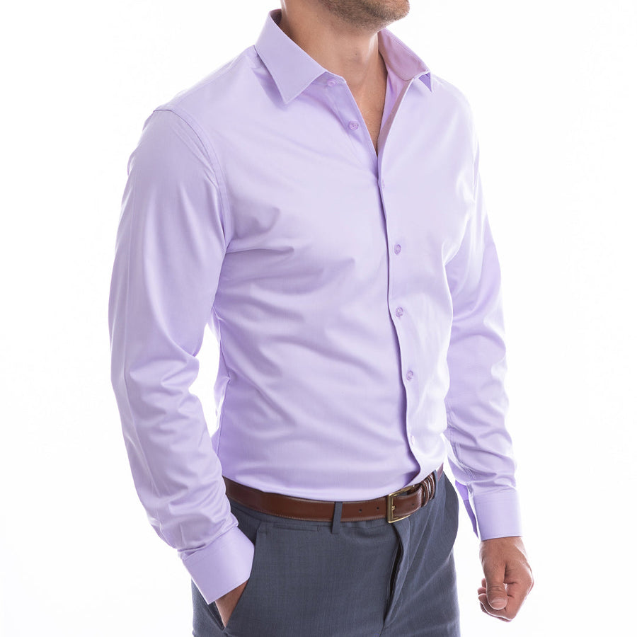 Lavender dress shirt for men designed to be worn without a tie structured collar holds shape all day.
