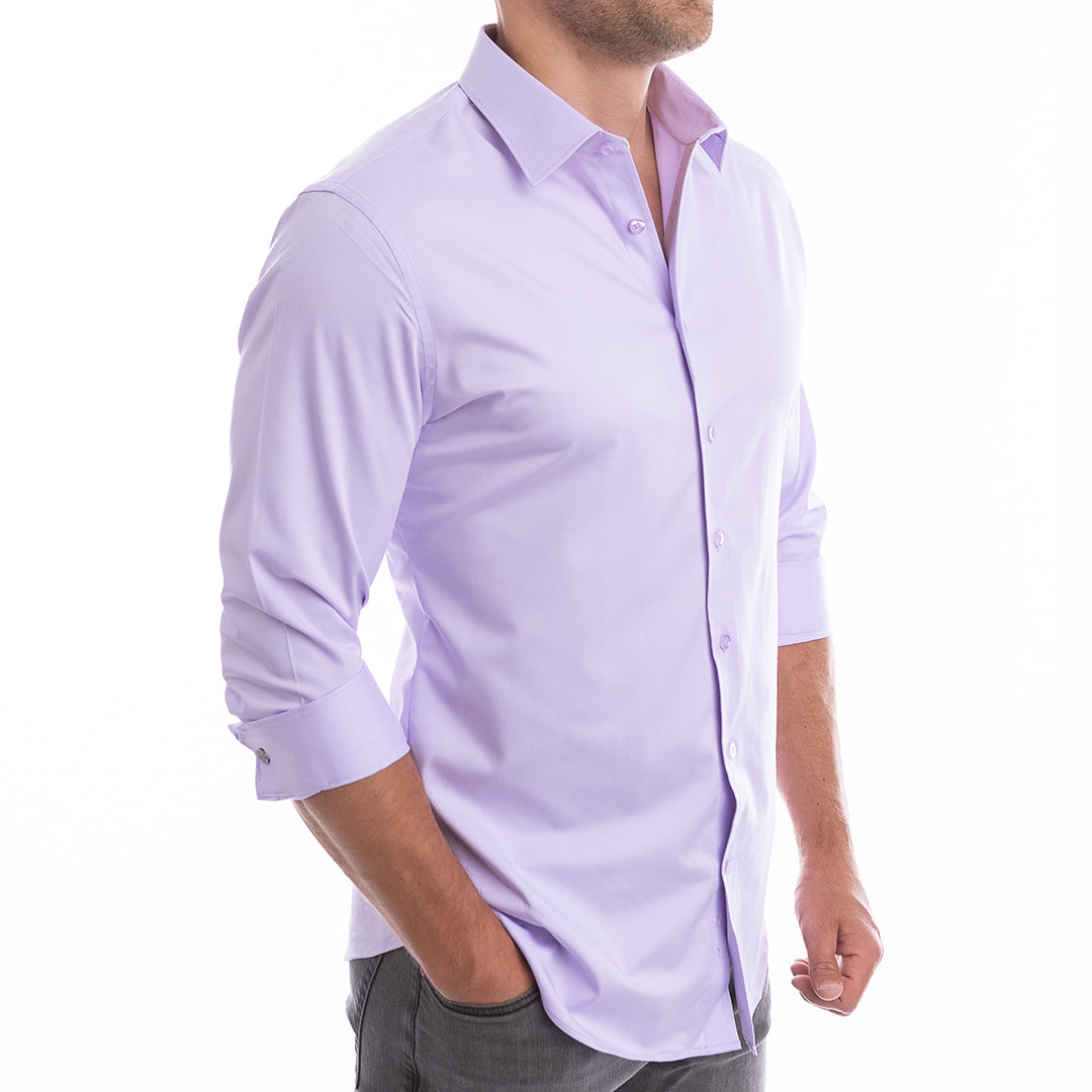 Dressy casual lavender shirt styled open collar stays polished for work or weekend without a tie.