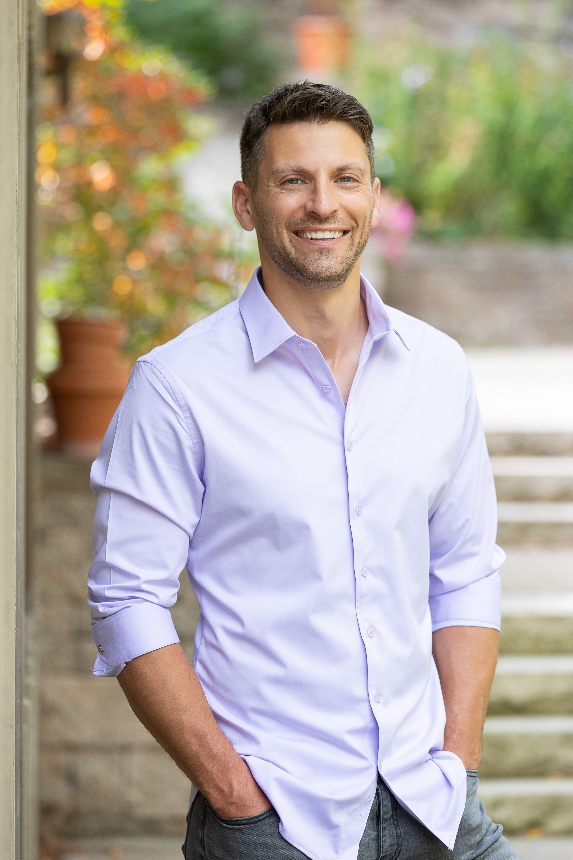 Lavender shirt styled for going out strong open collar look with hidden placket support built in.