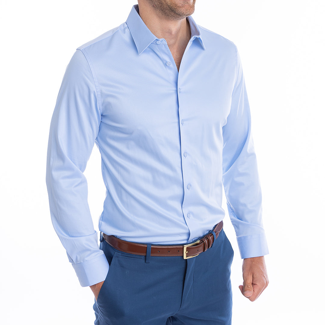 Light blue dress shirt for men designed to be worn without a tie crisp collar stays in place all day.