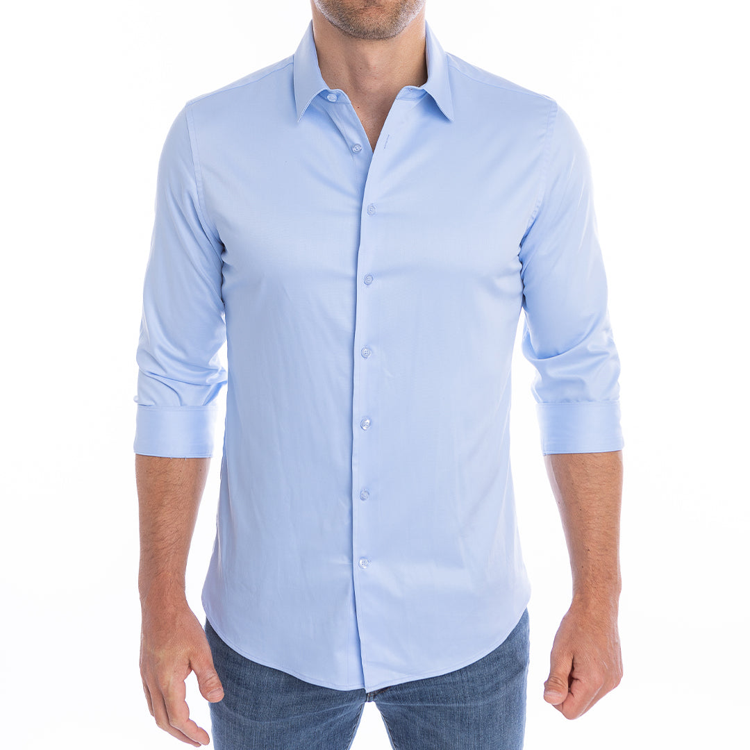 Light blue dress shirt styled for business casual clean collar, polished look, no tie required.
