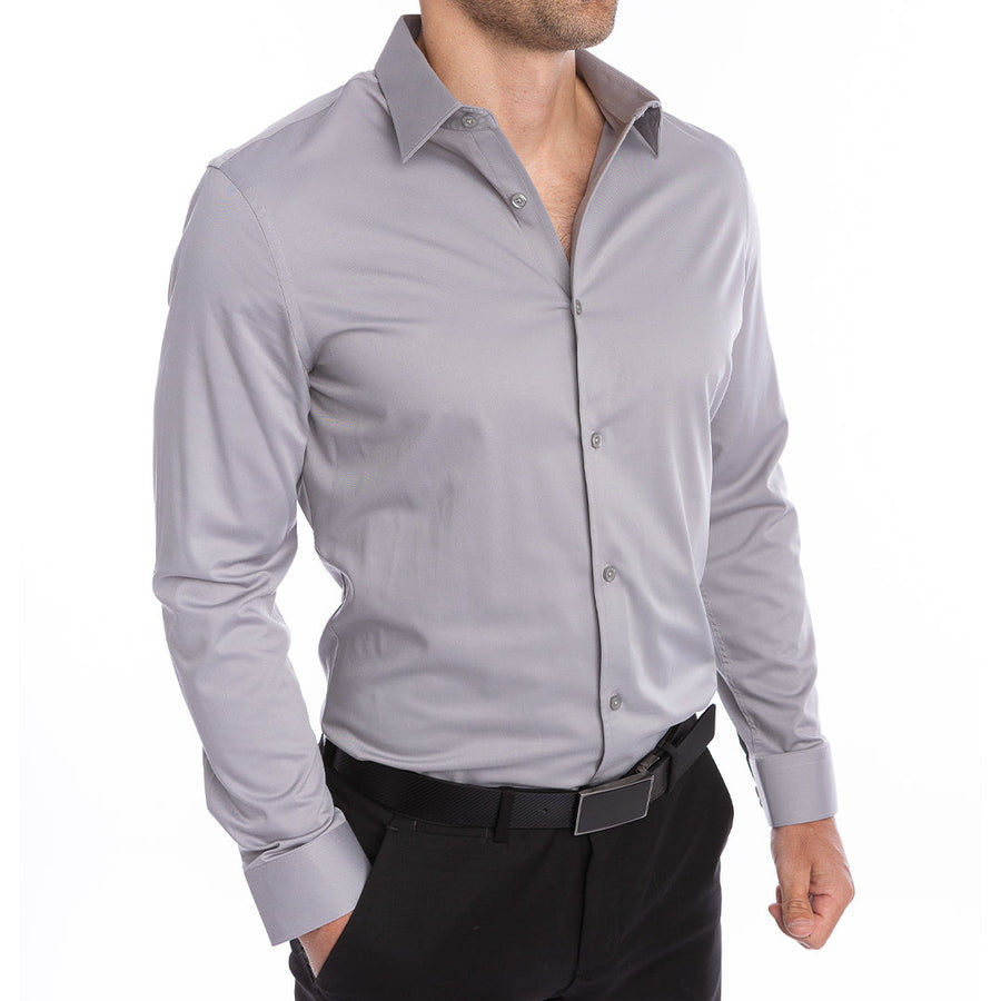 Clean fit light grey button-up shirt for men polished look with permanent collar shape.