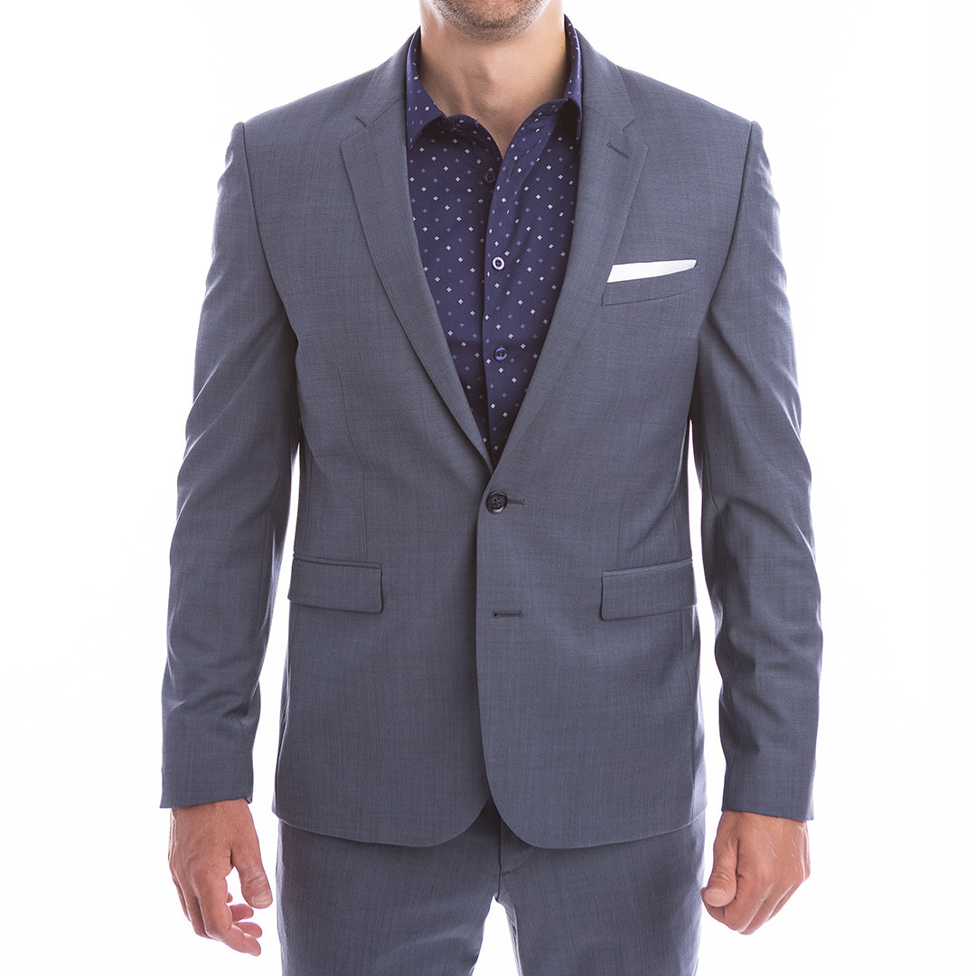 Men’s navy shirt with subtle pattern and open collar built to hold shape without a tie.