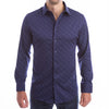 Navy shirt with micropattern collar won’t collapse, no tie required.