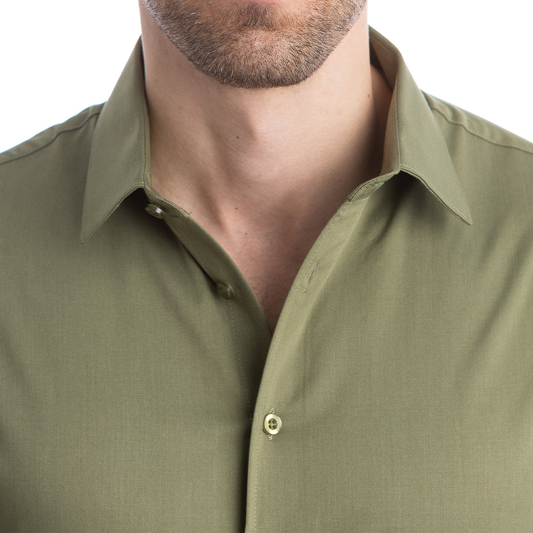 Military-inspired green shirt with wrinkle resistance and no-flop collar structure.