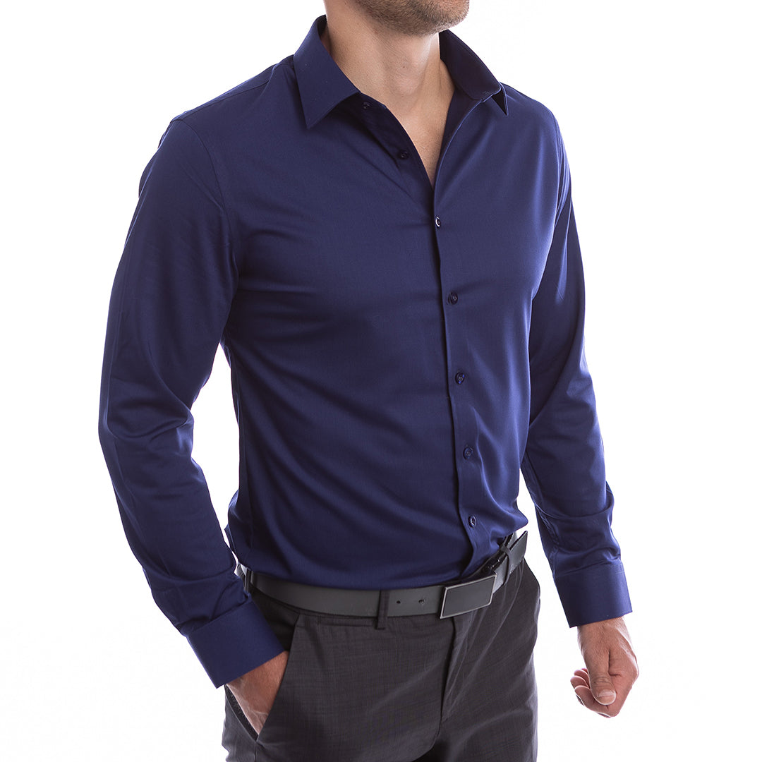 style.jpg	Navy button-up shirt for men clean, polished look with built-in collar structure.
