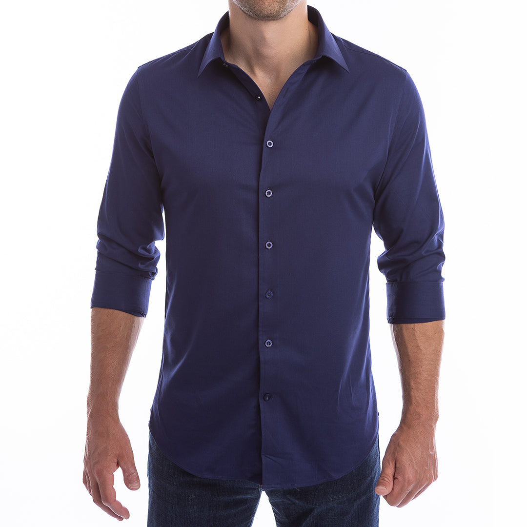 Navy dress shirt for men with open collar style built-in support keeps it standing all day.