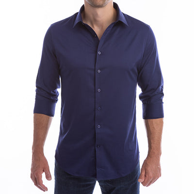 Navy dress shirt for men with open collar style built-in support keeps it standing all day.
