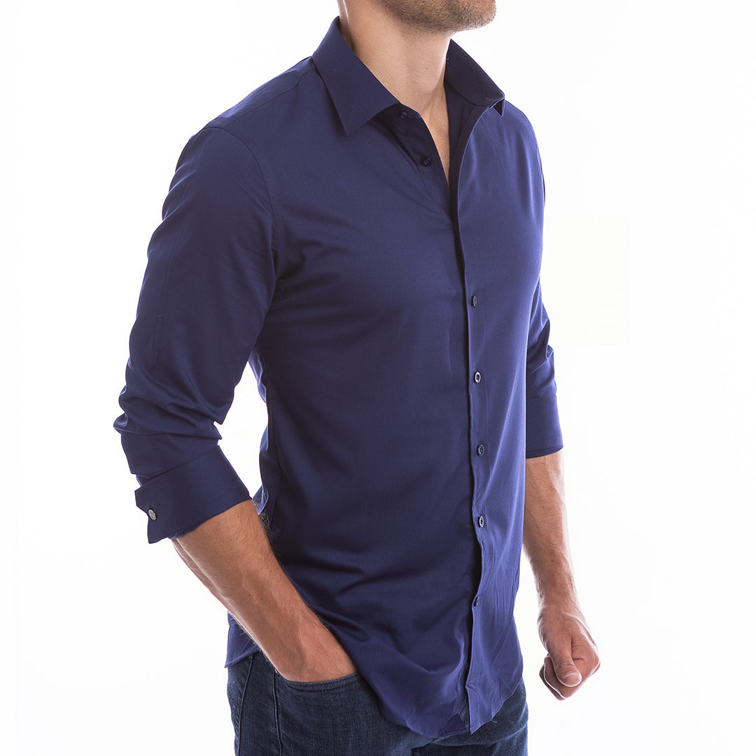 Modern fit navy dress shirt that holds its collar shape without starch or ironing.