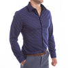 Navy shirt with floral microprint pattern no starch needed thanks to built-in placket stays.