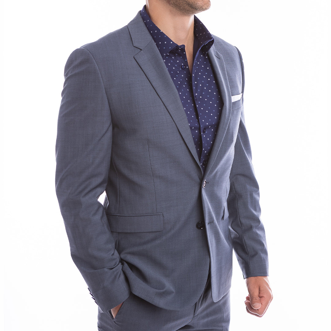 Patterned navy dress shirt in modern fit structured collar, breathable stretch fabric.