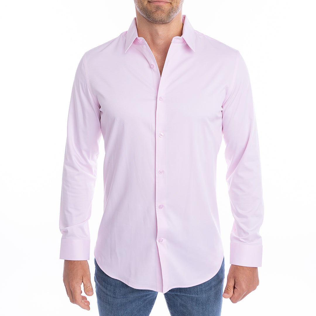 Wrinkle-resistant pink dress shirt with hidden collar support to keep your look sharp.