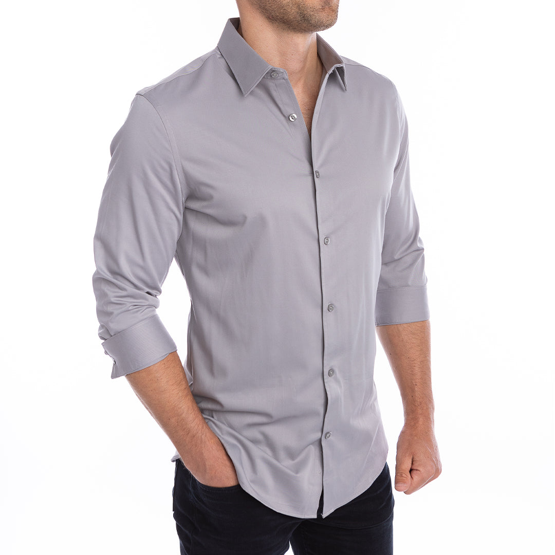 gray dress shirt with white collar Hisdern Men's Grey Grandad Collar Shirt Wedding Regular Fit with Pocket S