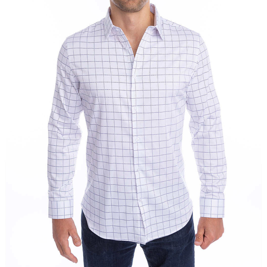 Versatile white patterned dress shirt with collar support wear it to work or out at night.