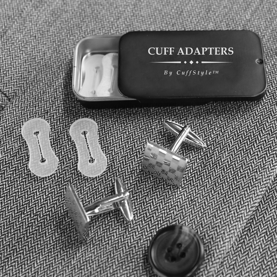 goTIELESS® cufflink adapters let men wear cufflinks with any dress shirt, even without French cuffs, using clear reusable silicone tabs.