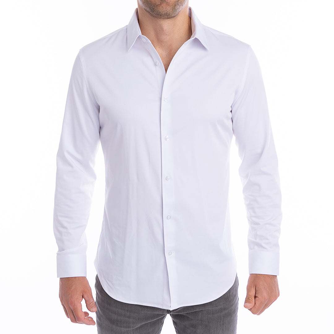 White dress shirt for men with hidden support that keeps the collar up no starch, no stress.