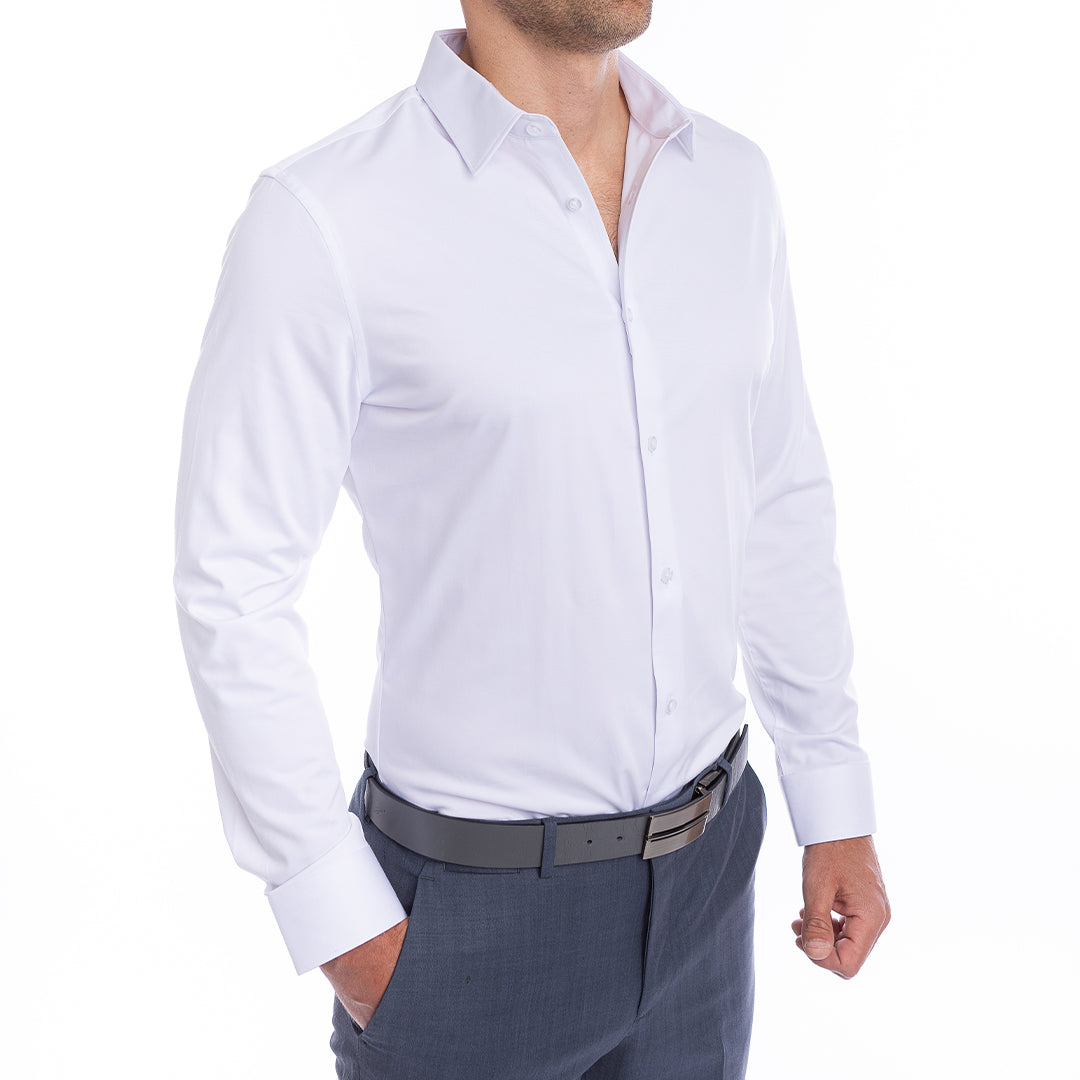 Classic white dress shirt for men with structured collar designed to be worn without a tie, no starch needed.