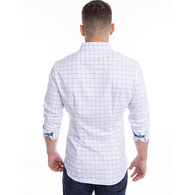 White dress shirt with navy check design holds collar shape with hidden placket support.