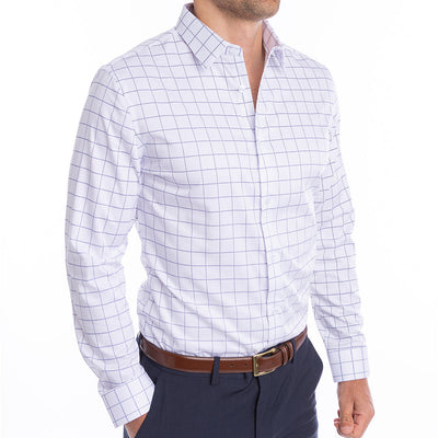 White dress shirt with navy windowpane pattern designed to be worn open collar without a tie.
