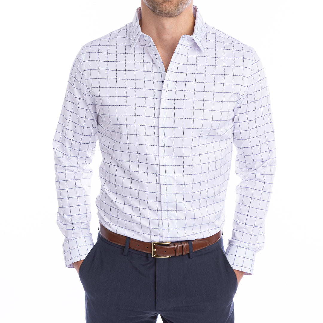 Modern fit white plaid shirt with wrinkle-resistant fabric and permanent collar structure.