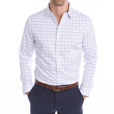 Modern fit white plaid shirt with wrinkle-resistant fabric and permanent collar structure.