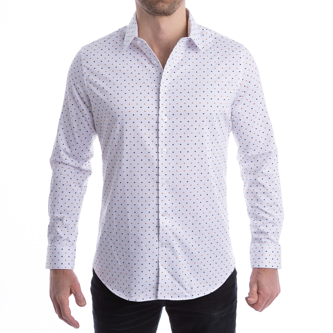 Palm print white button-up shirt for men wrinkle-resistant and breathable with stretch.