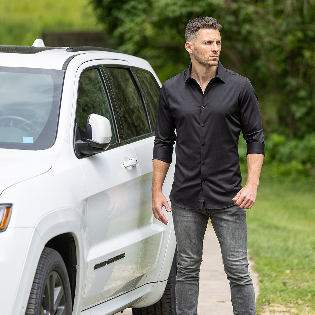 Wrinkle-resistant black dress shirt with stretch fabric modern fit and always polished.