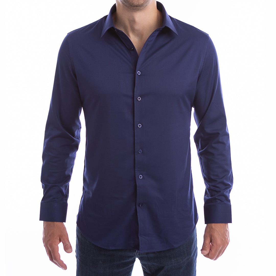 Wrinkle-resistant navy dress shirt with breathable stretch fabric and permanent collar shape.