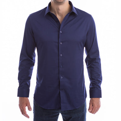 Wrinkle-resistant navy dress shirt with breathable stretch fabric and permanent collar shape.